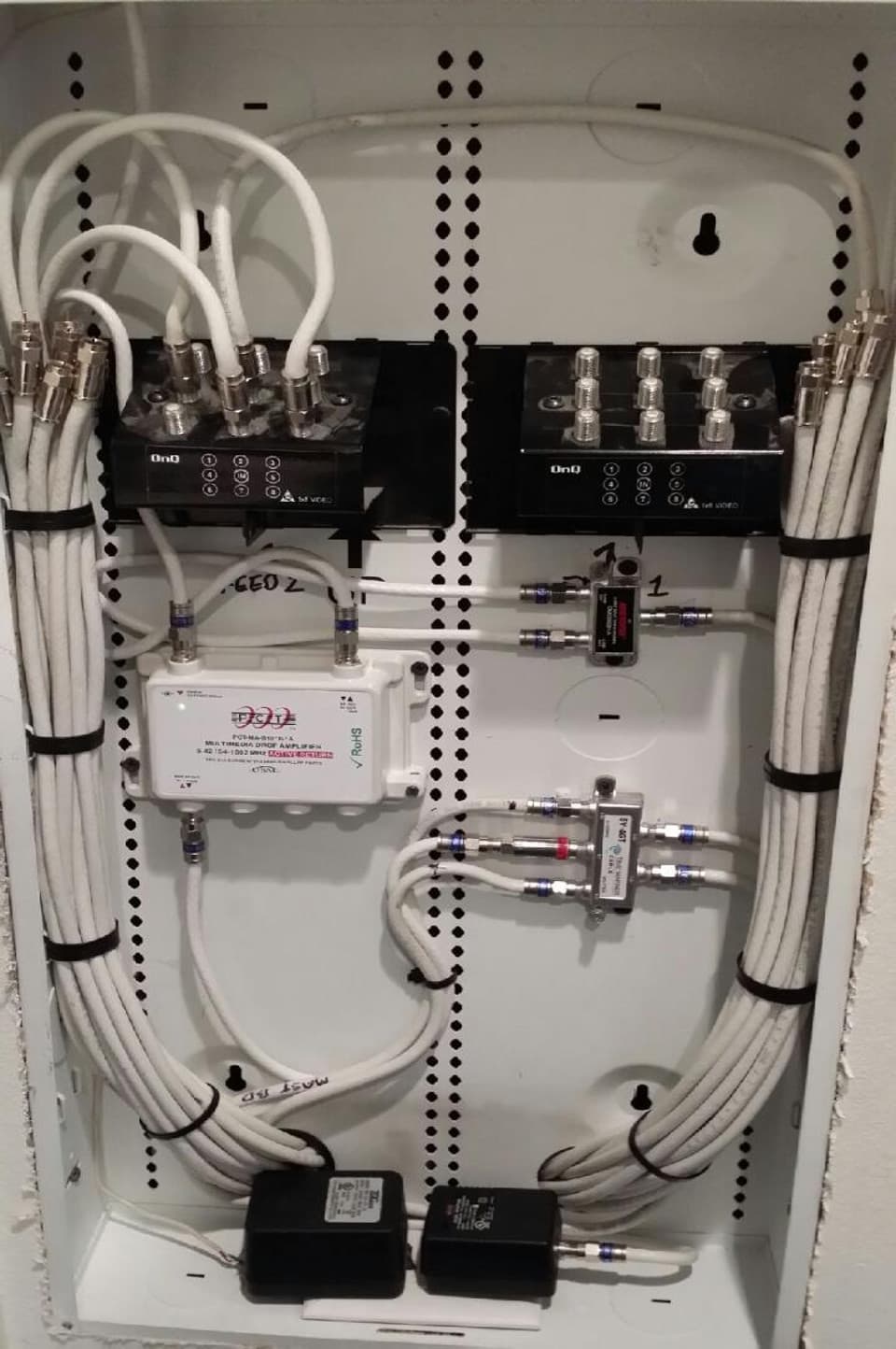 Structured coax distribution panel with neatly dressed white cables and splitters inside a wall enclosure